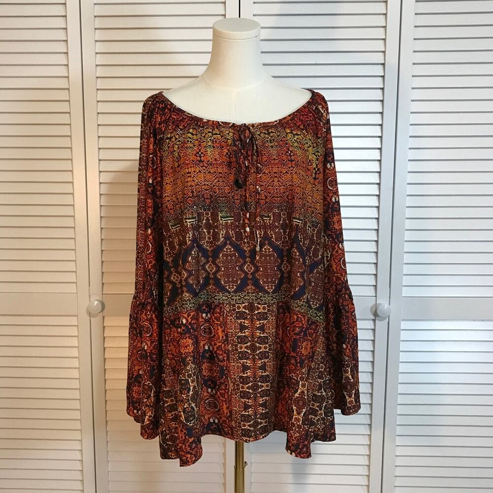 NY Collection Boho Retro Long Raglan Sleeves Flowy Trapeze Tunic Top 2X